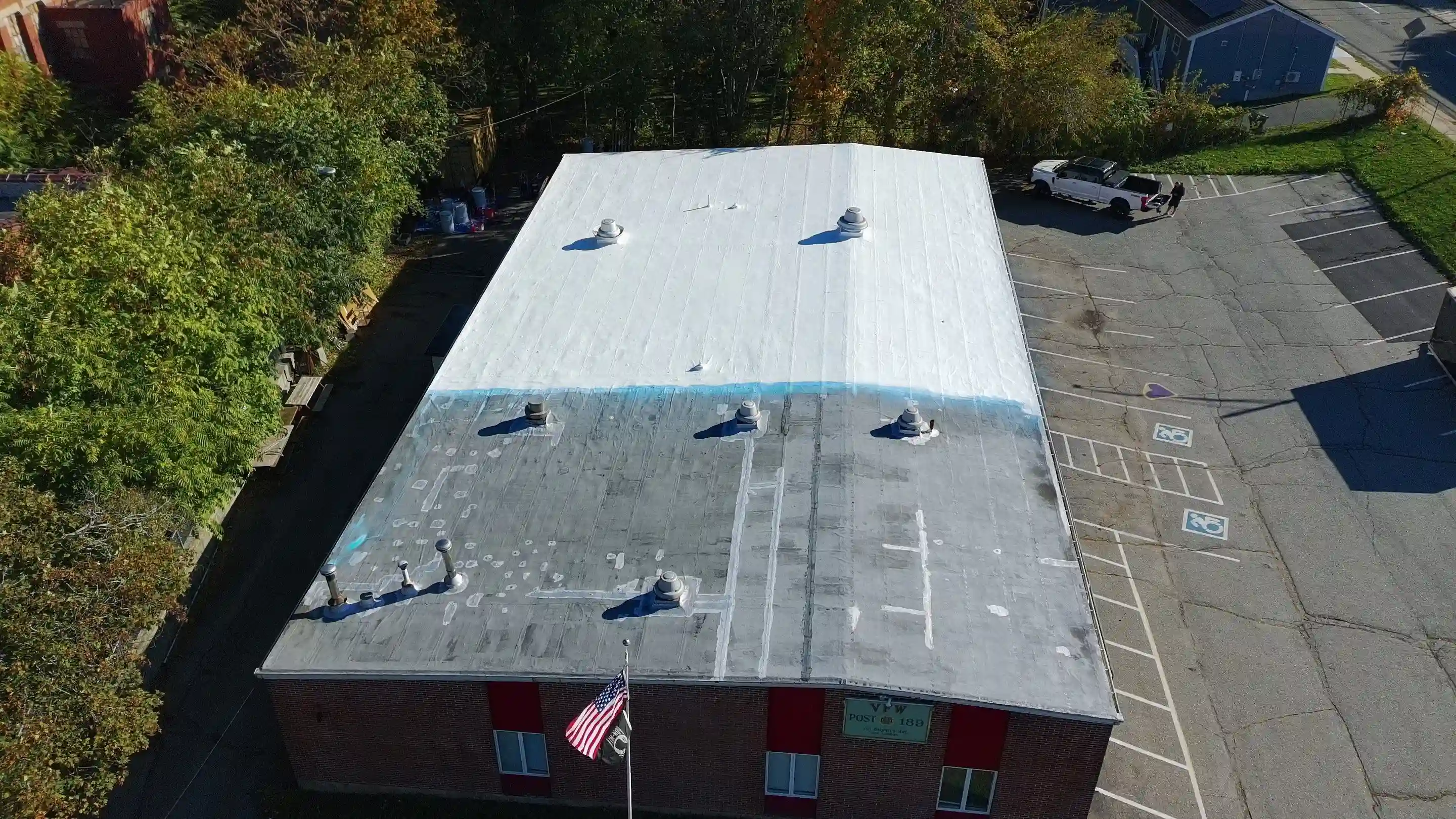 Commercial roof coating project at at V post . VFW Post Post 189 in in New London CT